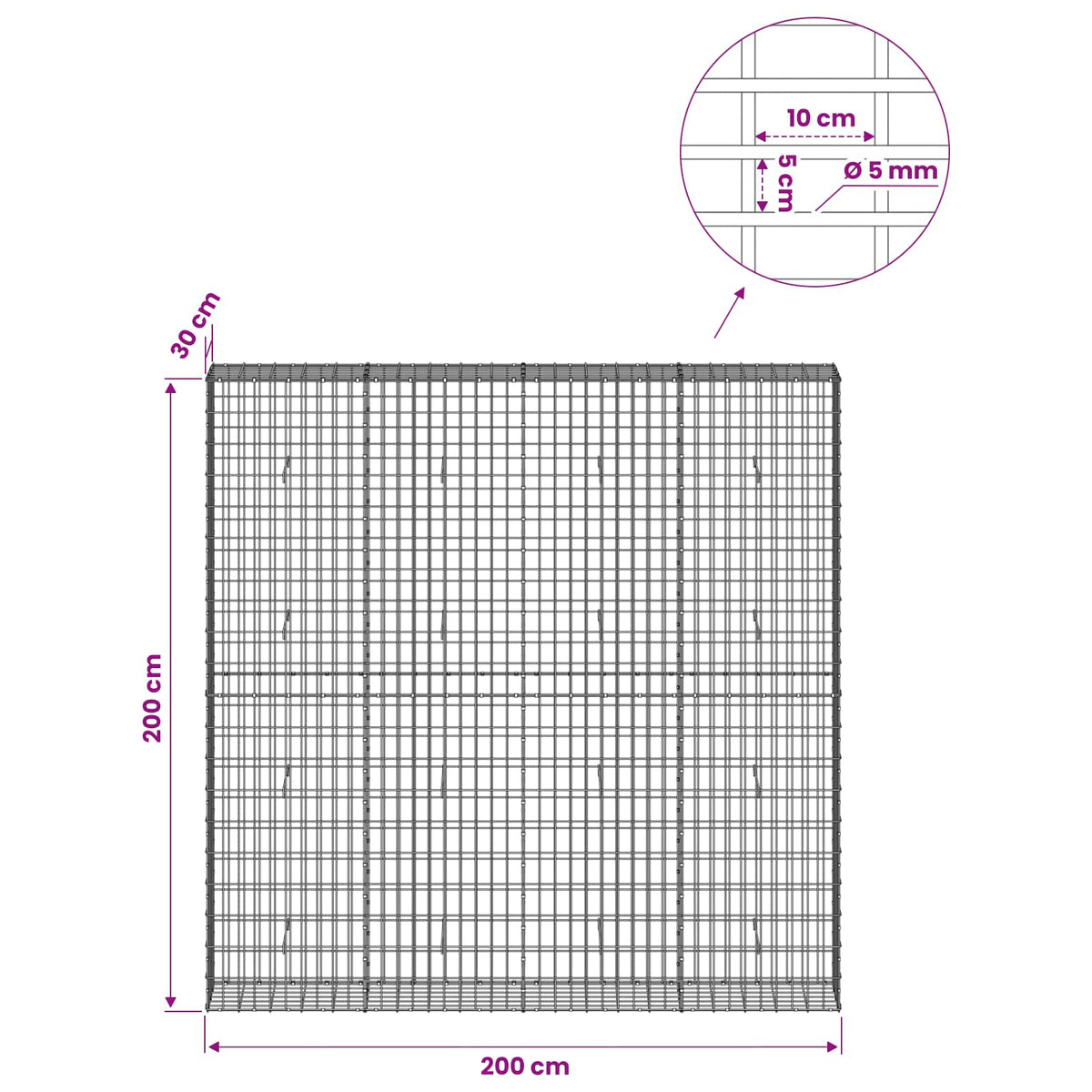Γκαμπιόν με σύρμα 5 mm και πλέγμα 5x10 cm 200x30x200 εκ - Pakobazaar