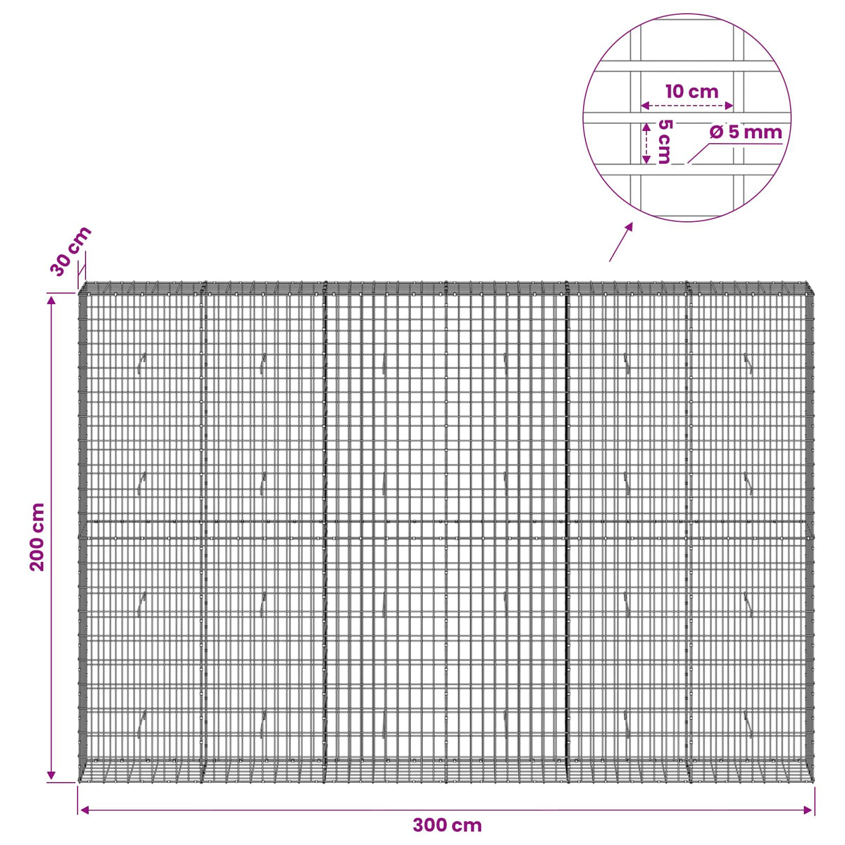 Γκαμπιόν με σύρμα 5 mm και πλέγμα 5x10 cm 300x30x200 εκ