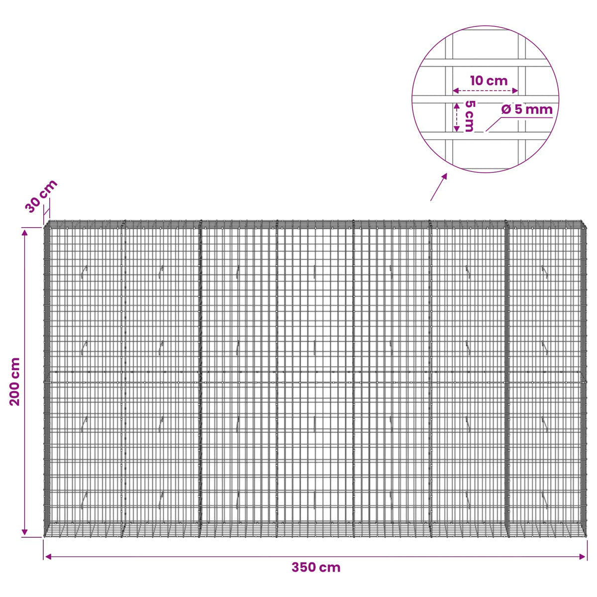 Γκαμπιόν με σύρμα 5 mm και πλέγμα 5x10 cm 350x30x200 εκ