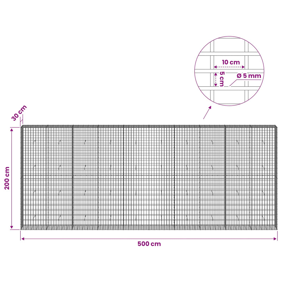 Γκαμπιόν με σύρμα 5 mm και πλέγμα 5x10 cm 500x30x200 εκ - Pakobazaar