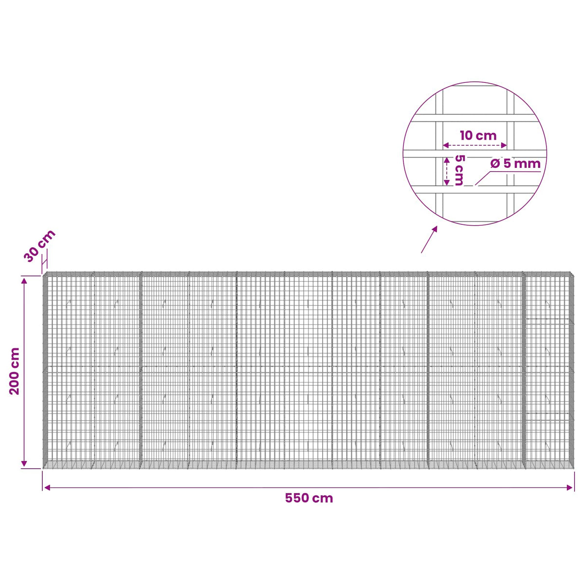 Γκαμπιόν με σύρμα 5 mm και πλέγμα 5x10 cm 550x30x200 εκ - Pakobazaar