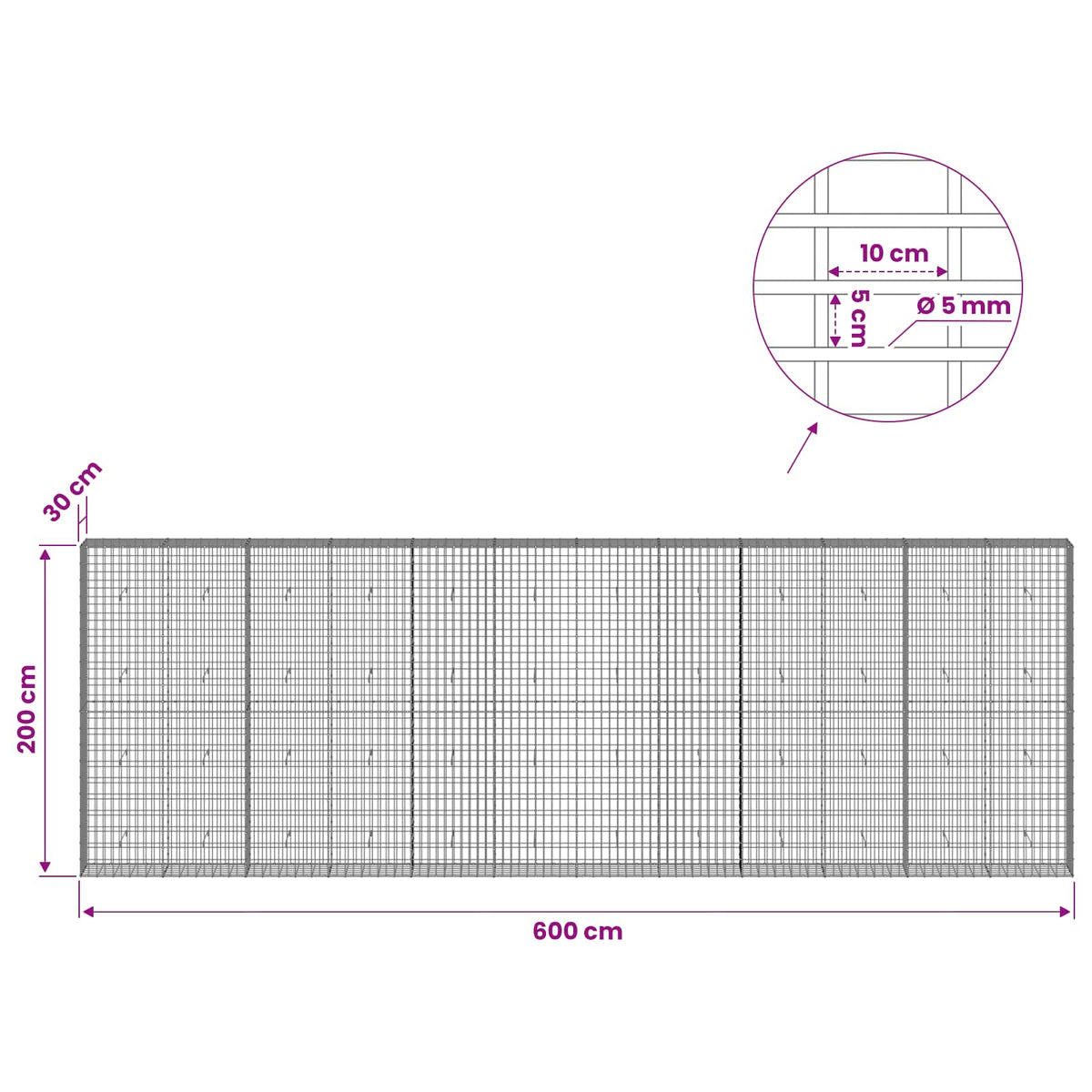 Γκαμπιόν με σύρμα 5 mm και πλέγμα 5x10 cm 600x30x200 εκ