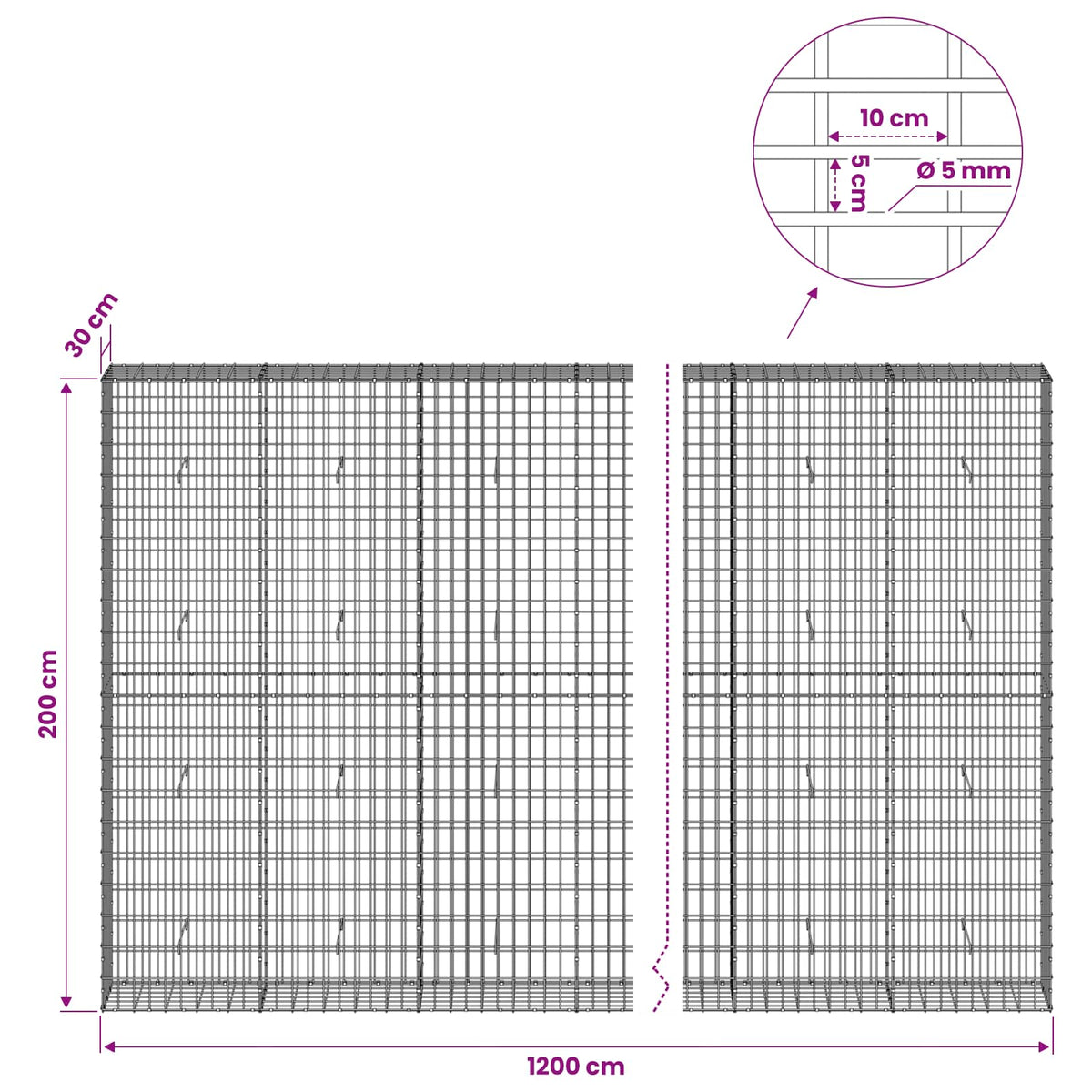Γκαμπιόν με σύρμα 5 mm και πλέγμα 5x10 cm 1200x30x200 εκ