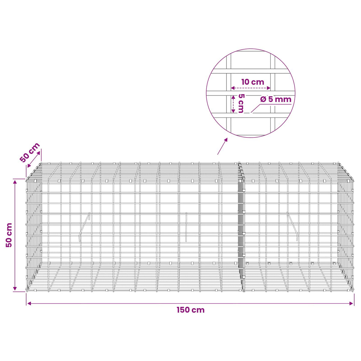 Γκαμπιόν με σύρμα 5 mm και πλέγμα 5x10 cm 150x50x50 εκ. - Pakobazaar