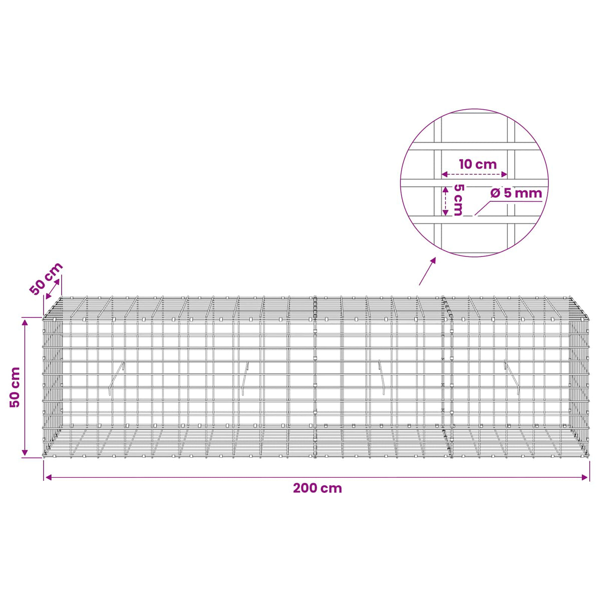 Γκαμπιόν με σύρμα 5 mm και πλέγμα 5x10 cm 200x50x50 εκ