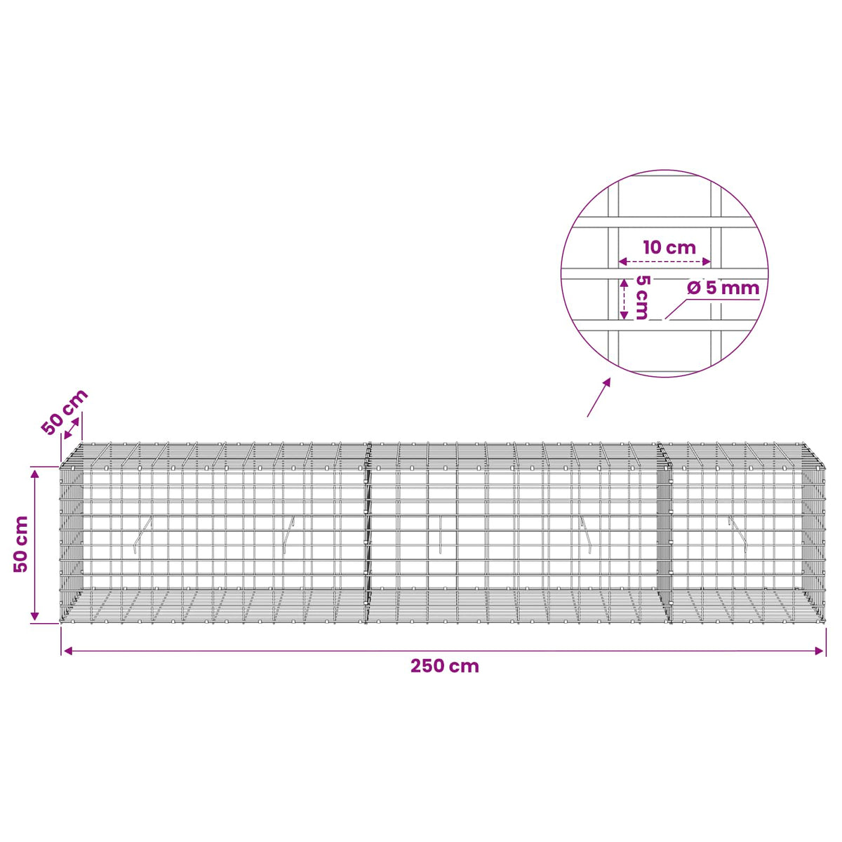 Γκαμπιόν με σύρμα 5 mm και πλέγμα 5x10 cm 250x50x50 εκ - Pakobazaar