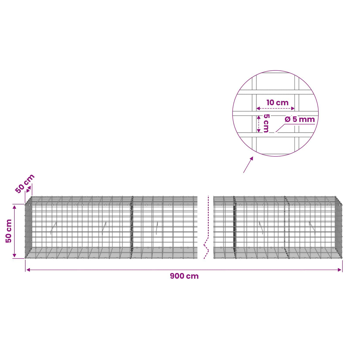 Γκαμπιόν με σύρμα 5 mm και πλέγμα 5x10 cm 900x50x50 εκ - Pakobazaar