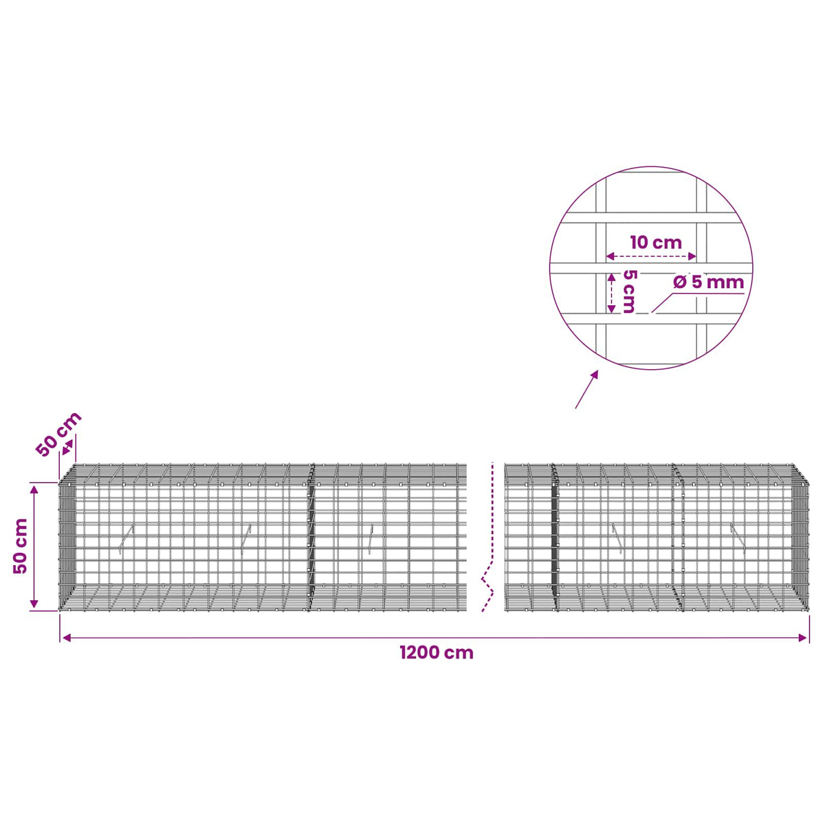 Γκαμπιόν με σύρμα 5 mm και πλέγμα 5x10 cm 1200x50x50 εκ - Pakobazaar