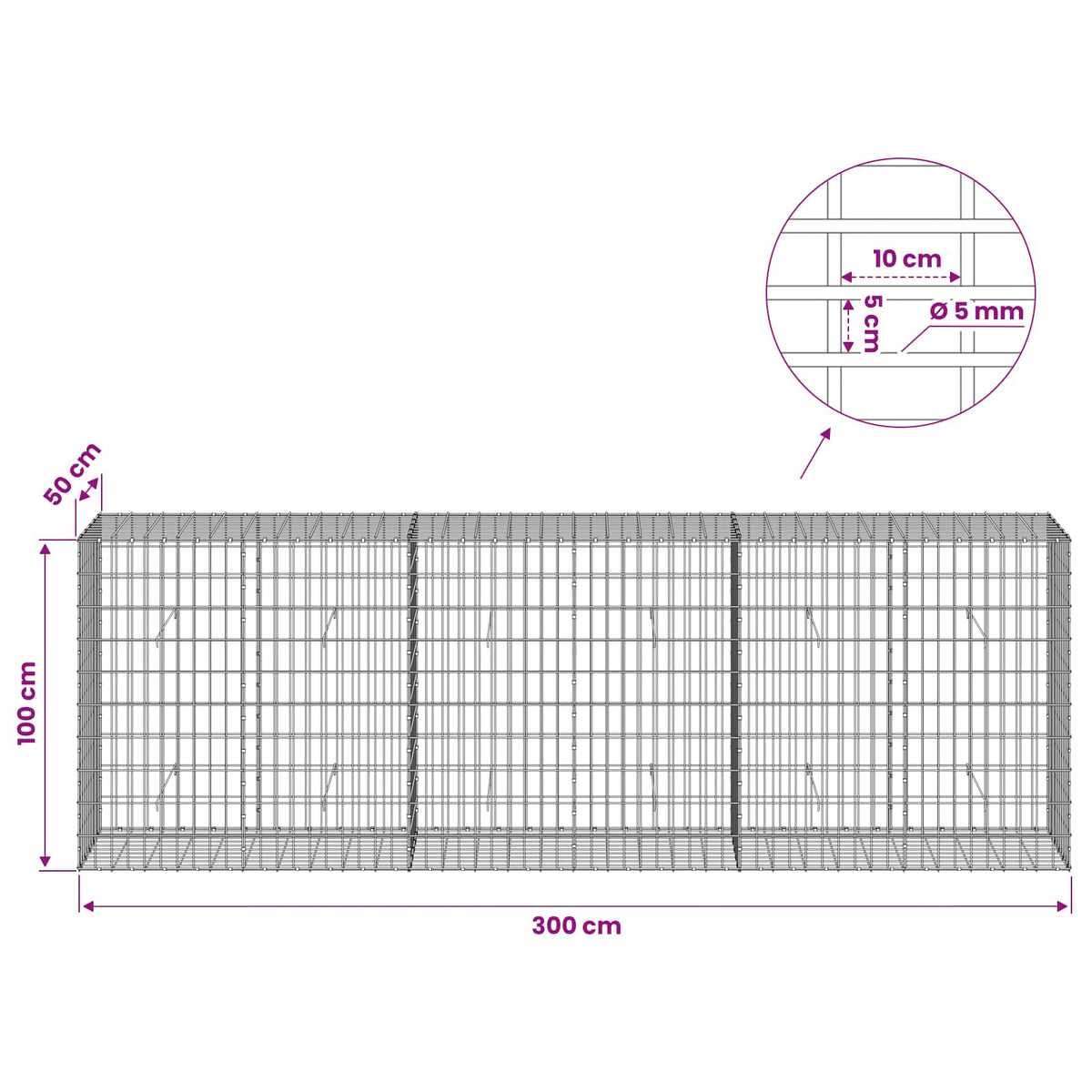 Γκαμπιόν με σύρμα 5 mm και πλέγμα 5x10 cm 300x50x100 εκ