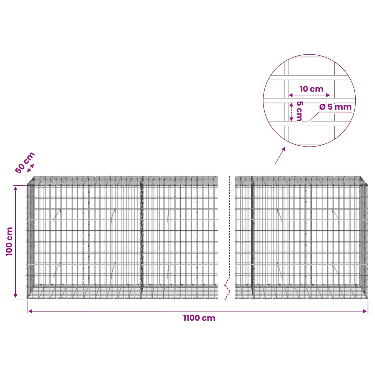 Γκαμπιόν με σύρμα 5 mm και πλέγμα 5x10 cm 1100x50x100 εκ.