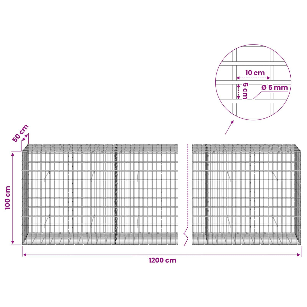 Γκαμπιόν με σύρμα 5 mm και πλέγμα 5x10 cm 1200x50x100 εκ