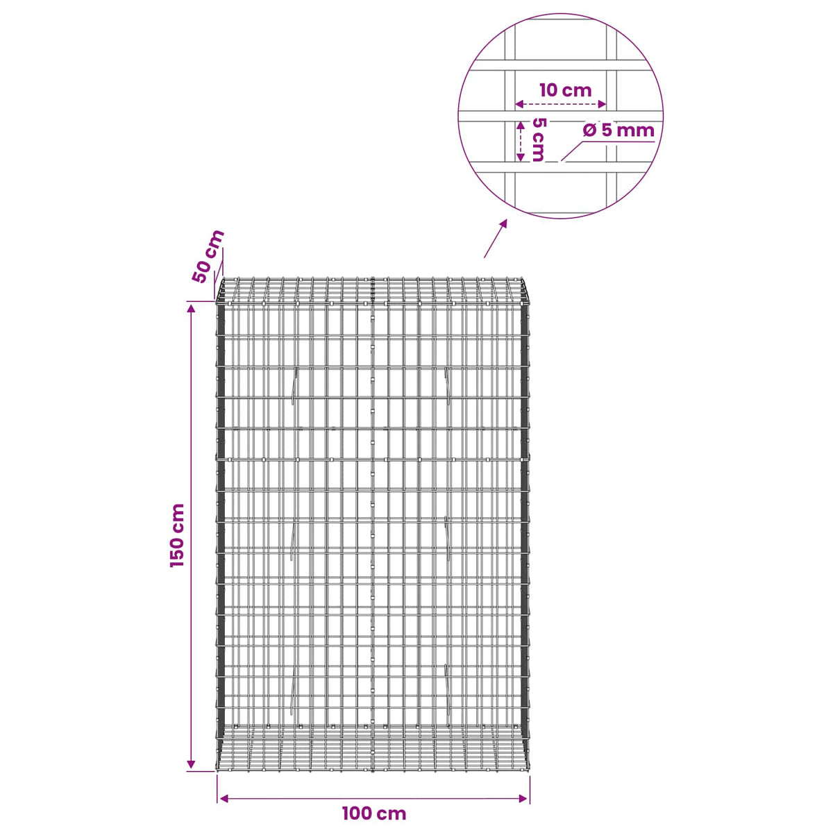 Γκαμπιόν με σύρμα 5 mm και πλέγμα 5x10 cm 100x50x150 εκ - Pakobazaar