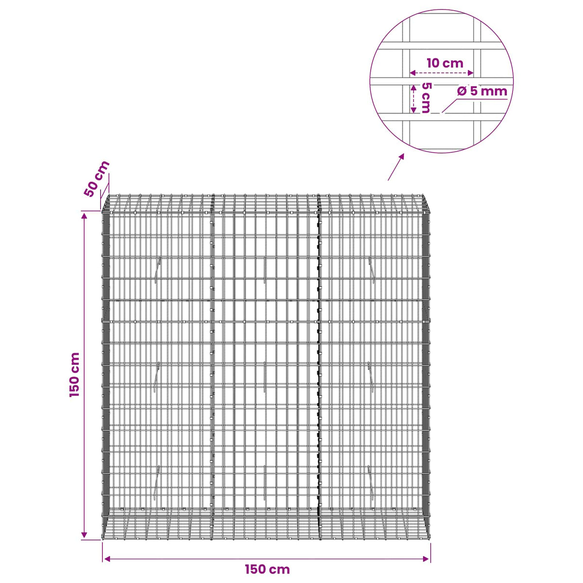 Γκαμπιόν με σύρμα 5 mm και πλέγμα 5x10 cm 150x50x150 εκ - Pakobazaar