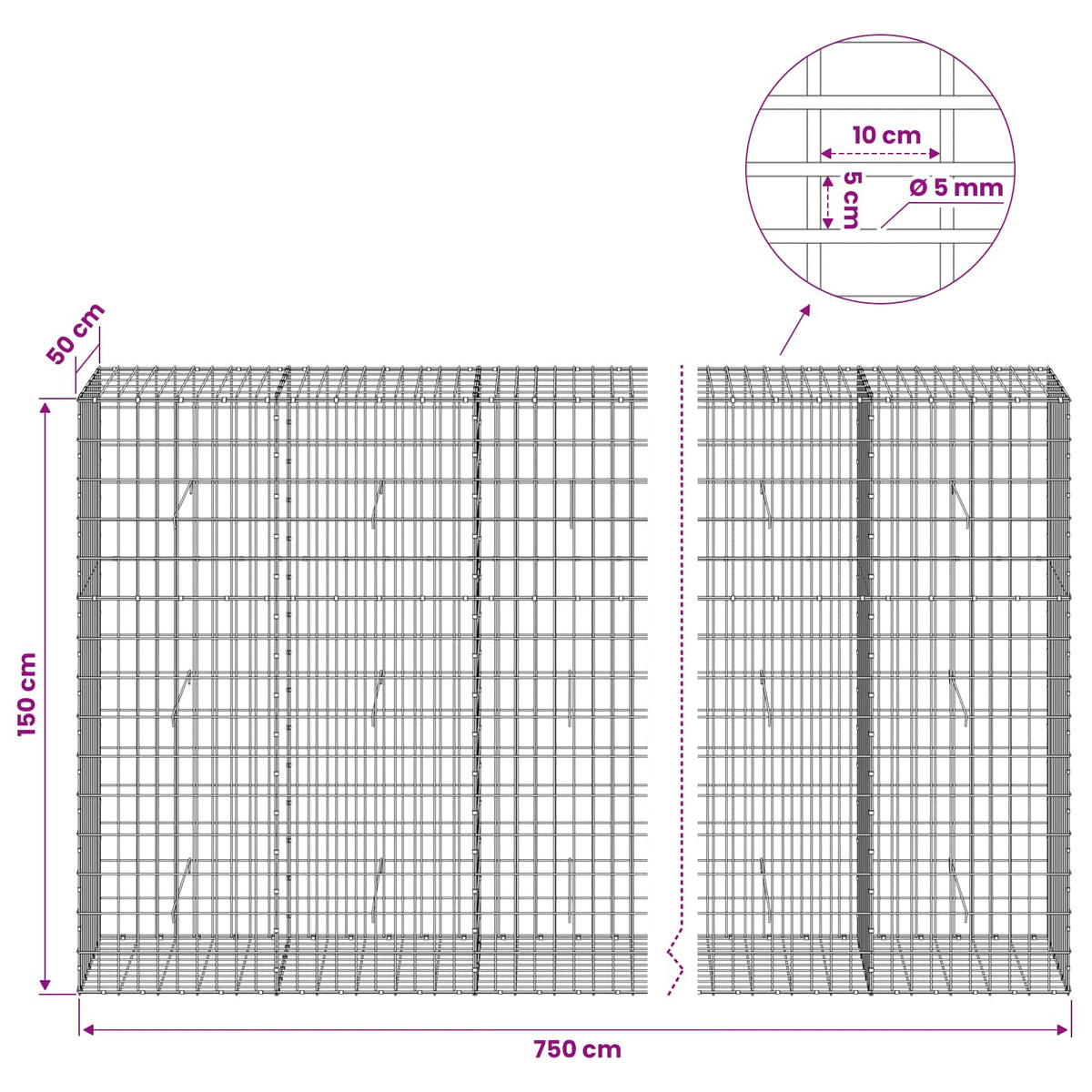 Γκαμπιόν με σύρμα 5 mm και πλέγμα 5x10 cm 750x50x150 εκ - Pakobazaar