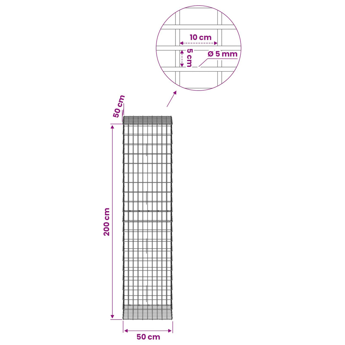 Γκαμπιόν με σύρμα 5 mm και πλέγμα 5x10 cm 50x50x200 εκ