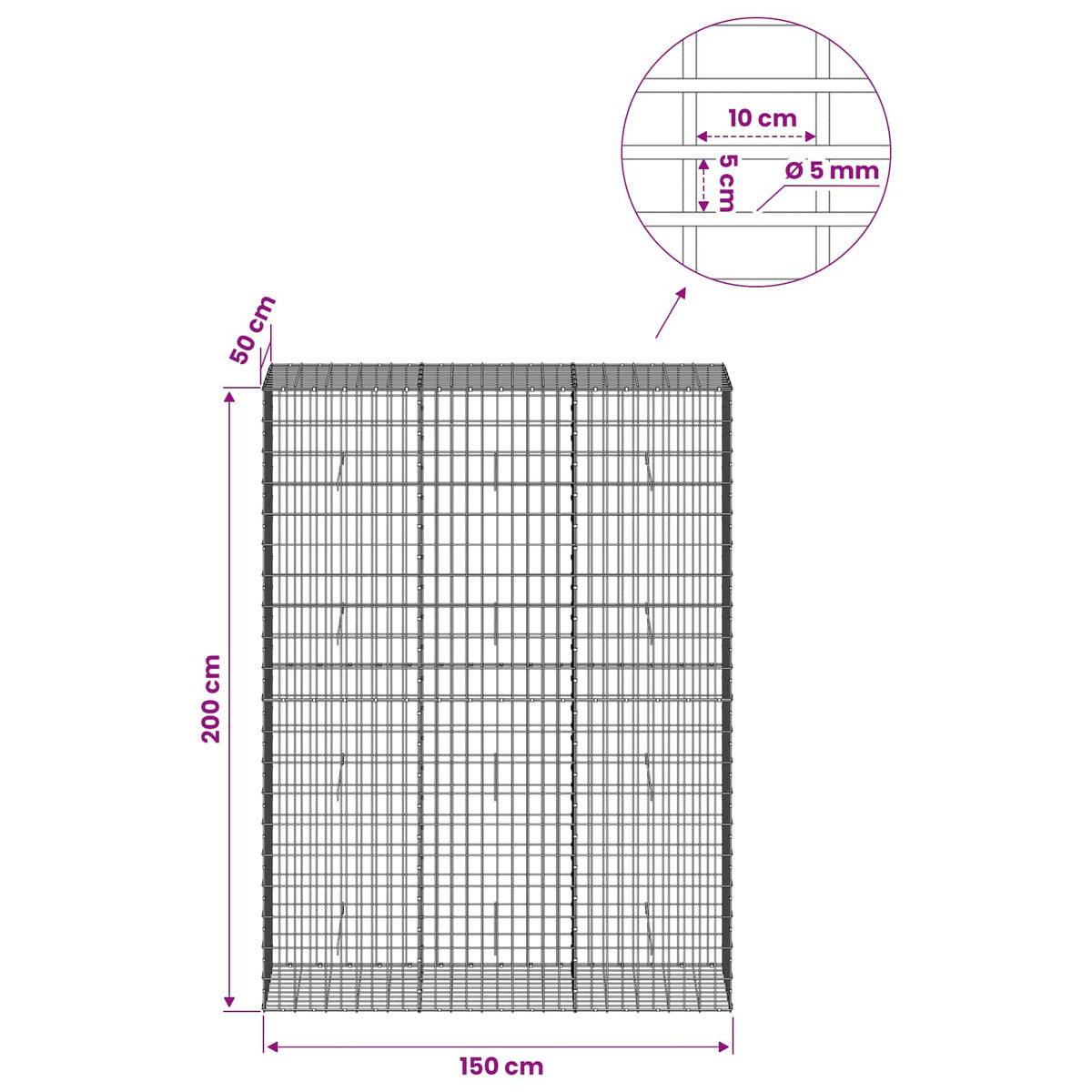 Γκαμπιόν με σύρμα 5 mm και πλέγμα 5x10 cm 150x50x200 εκ - Pakobazaar