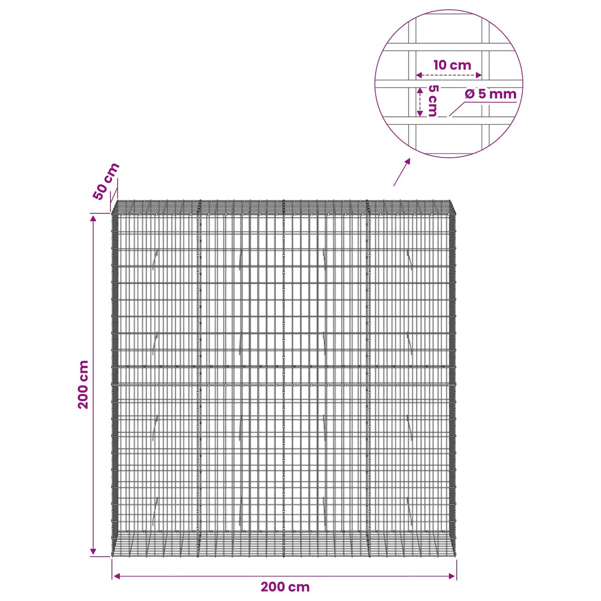 Γκαμπιόν με σύρμα 5 mm και πλέγμα 5x10 cm 200x50x200 εκ - Pakobazaar