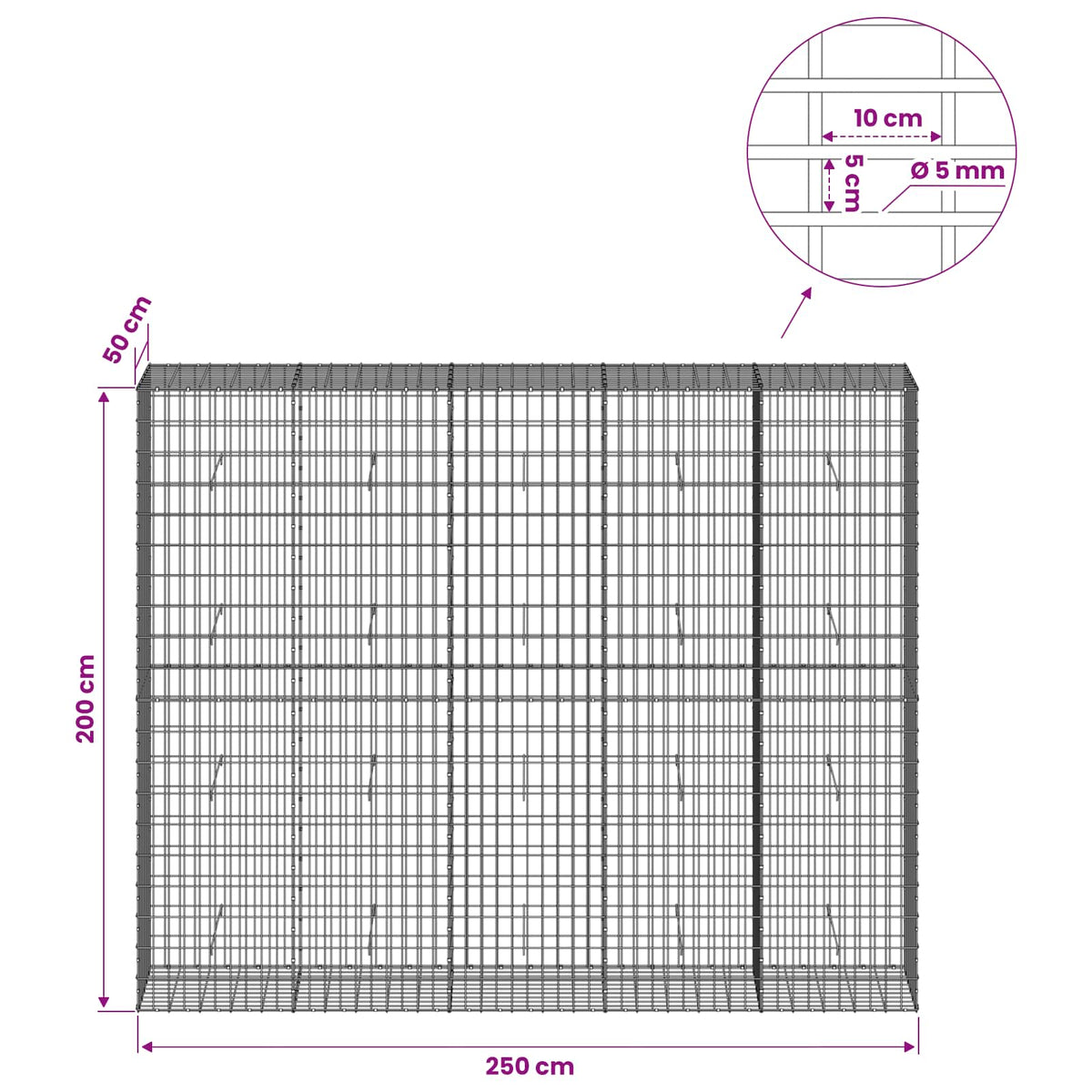 Γκαμπιόν με σύρμα 5 mm και πλέγμα 5x10 cm 250x50x200 εκ. - Pakobazaar