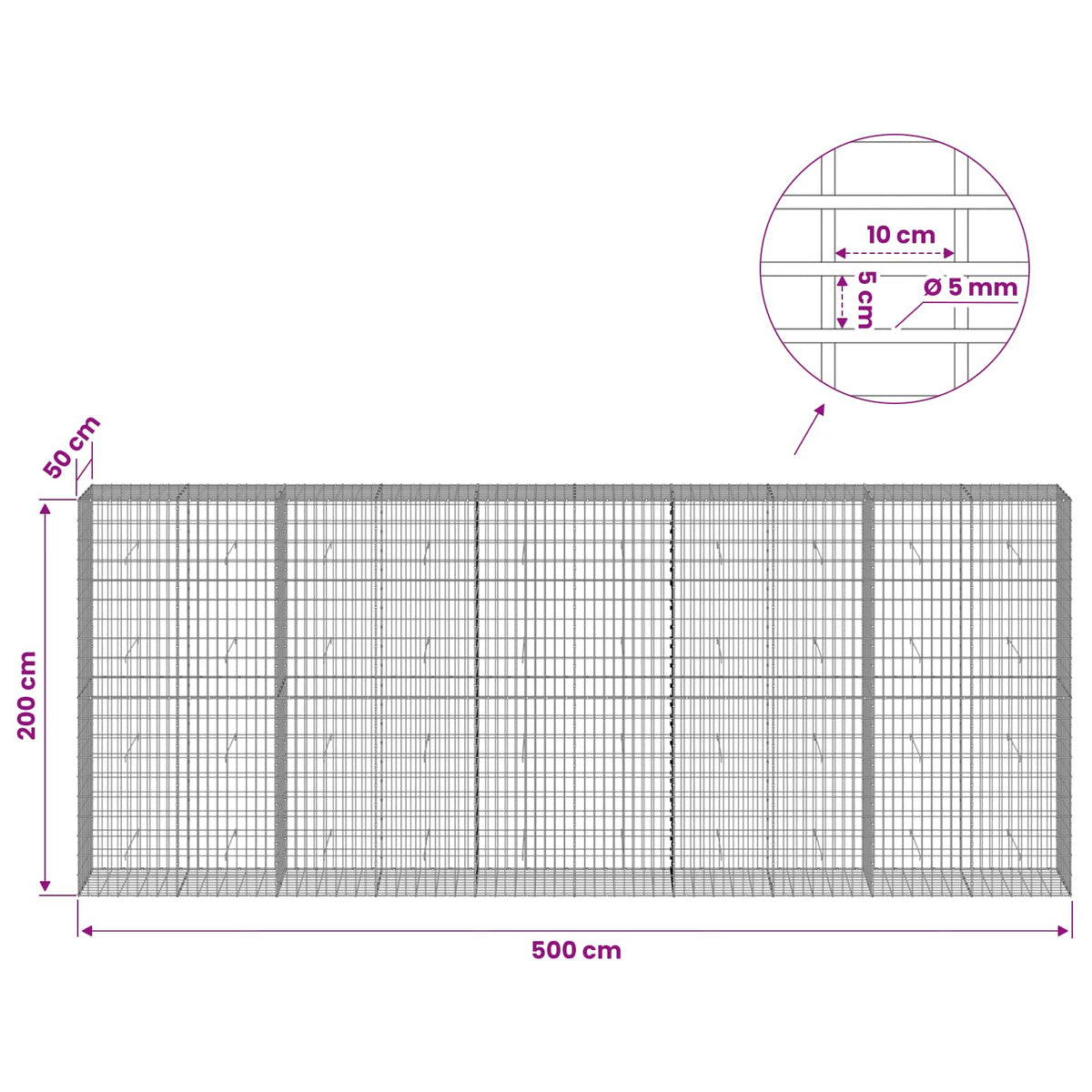 Γκαμπιόν με σύρμα 5 mm και πλέγμα 5x10 cm 500x50x200 εκ - Pakobazaar