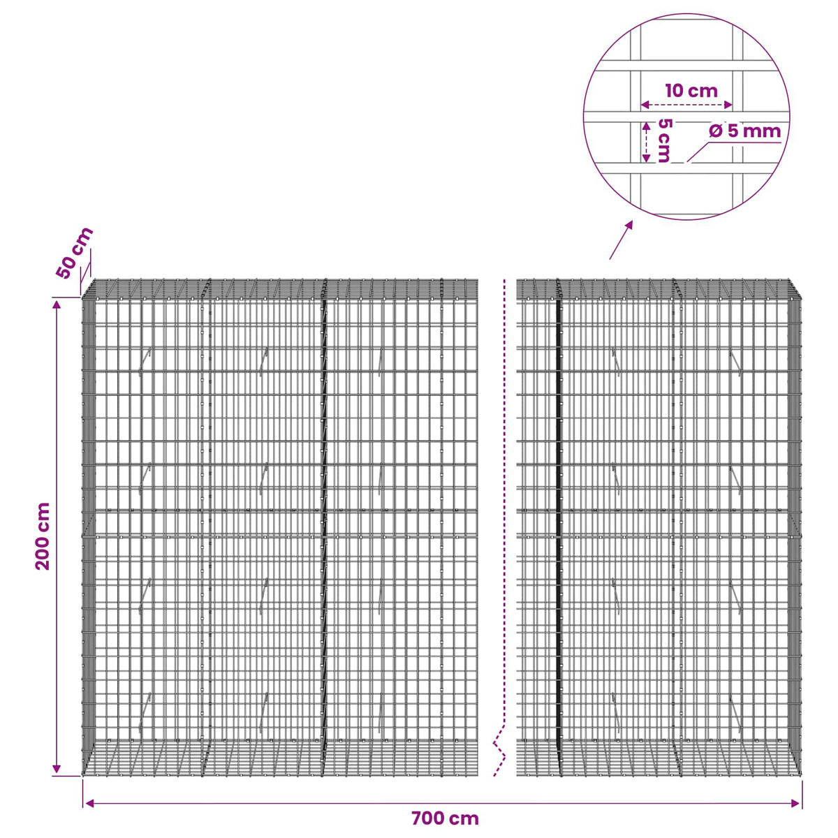Γκαμπιόν με σύρμα 5 mm και πλέγμα 5x10 cm 700x50x200 εκ - Pakobazaar