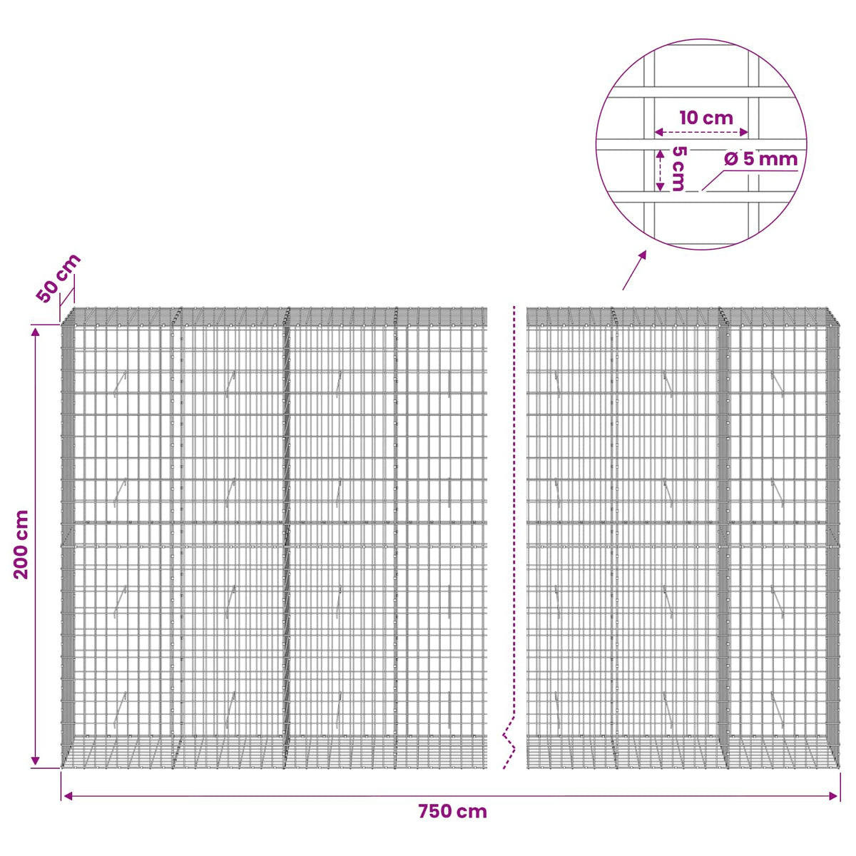 Γκαμπιόν με σύρμα 5 mm και πλέγμα 5x10 cm 750x50x200 εκ - Pakobazaar