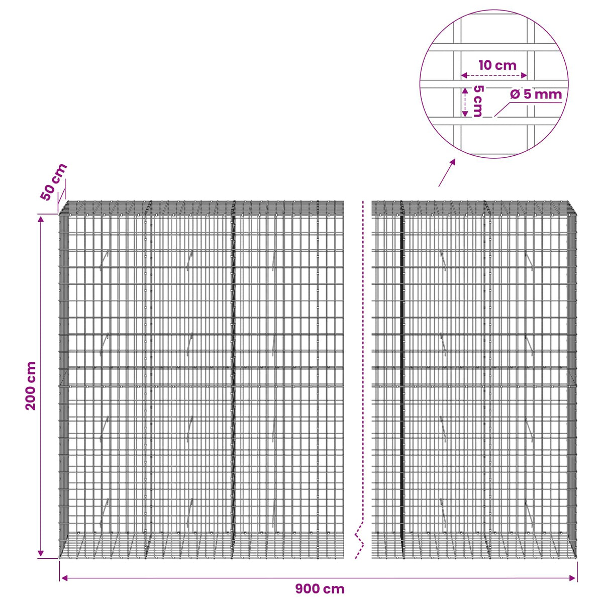 Γκαμπιόν με σύρμα 5 mm και πλέγμα 5x10 cm 900x50x200 εκ - Pakobazaar