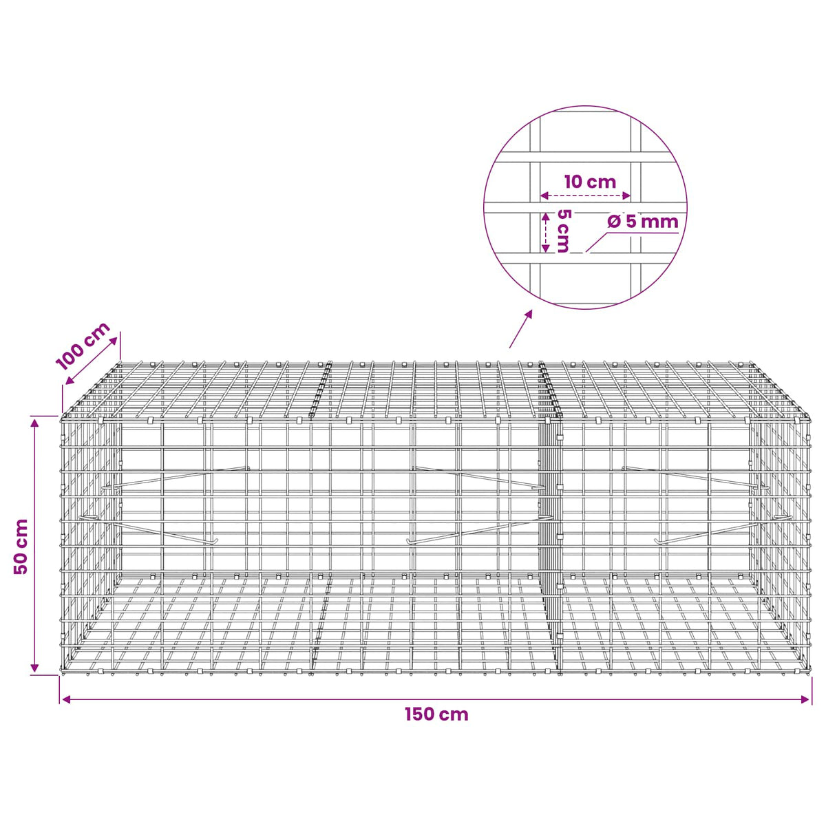 Γκαμπιόν με σύρμα 5 mm και πλέγμα 5x10 cm 150x100x50 εκ - Pakobazaar