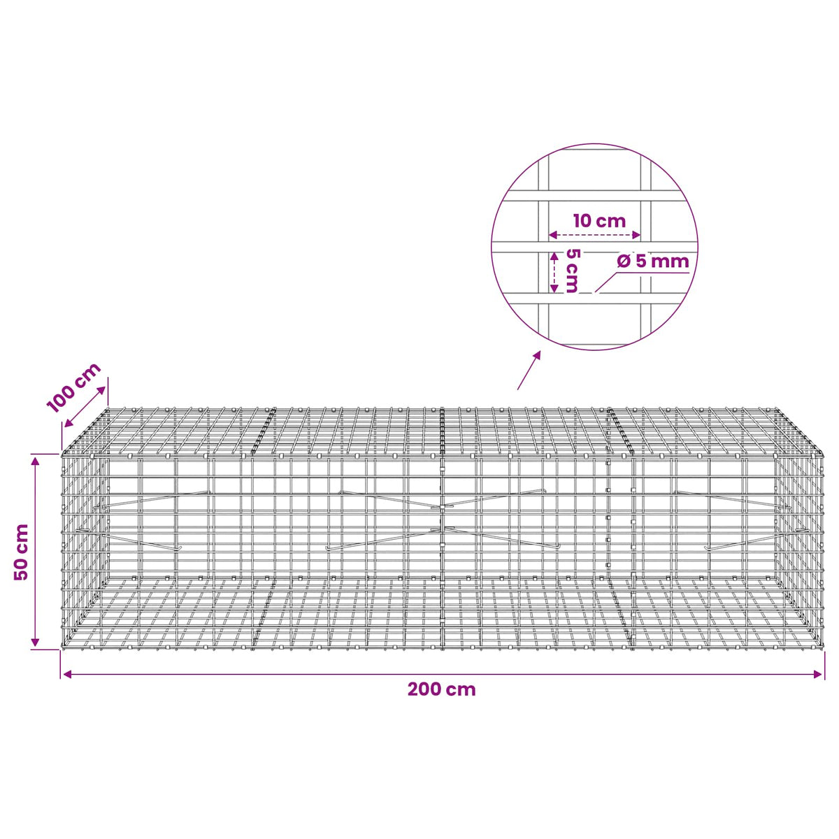 Γκαμπιόν με σύρμα 5 mm και πλέγμα 5x10 cm 200x100x50 εκ - Pakobazaar