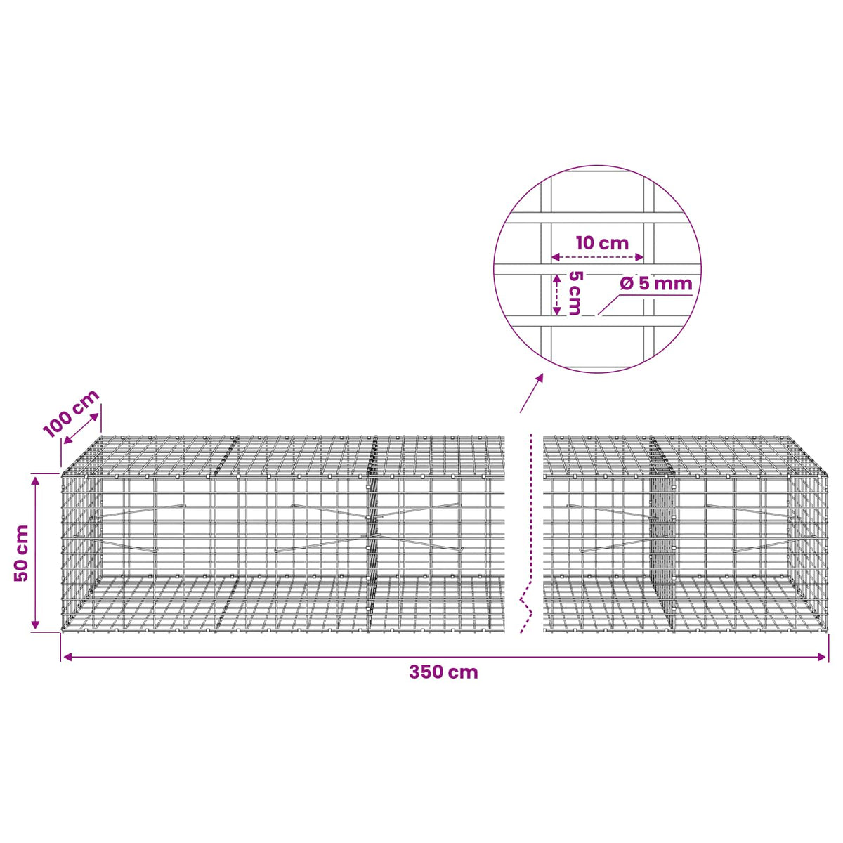 Γκαμπιόν με σύρμα 5 mm και πλέγμα 5x10 cm 350x100x50 εκ. - Pakobazaar