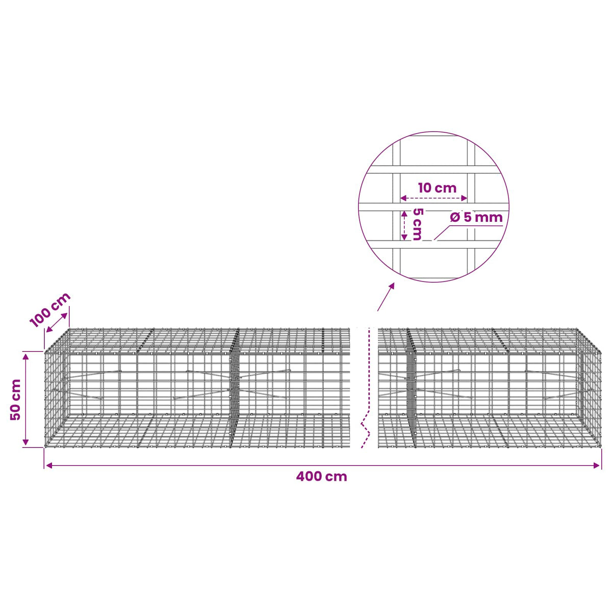 Γκαμπιόν με σύρμα 5 mm και πλέγμα 5x10 cm 400x100x50 εκ. - Pakobazaar