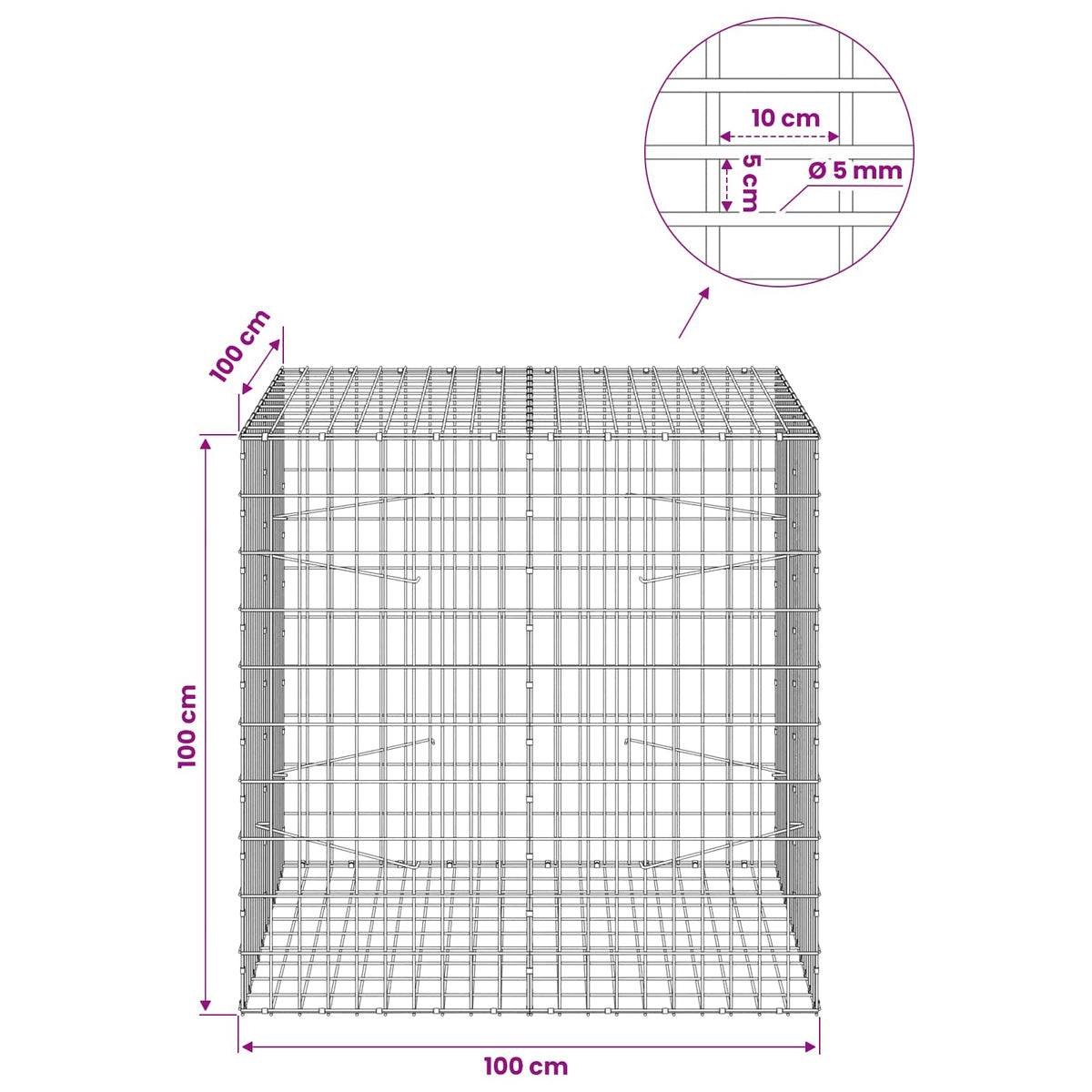 Γκαμπιόν με σύρμα 5 mm και πλέγμα 5x10 cm 100x100x100 εκ. - Pakobazaar