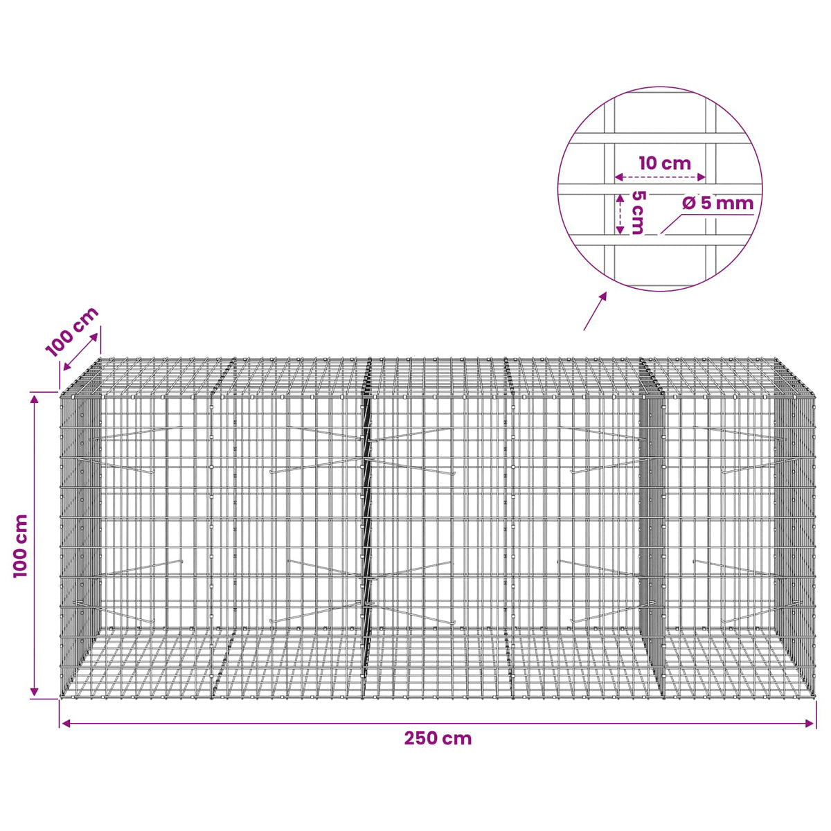 Γκαμπιόν με σύρμα 5 mm και πλέγμα 5x10 cm 250x100x100 εκ.