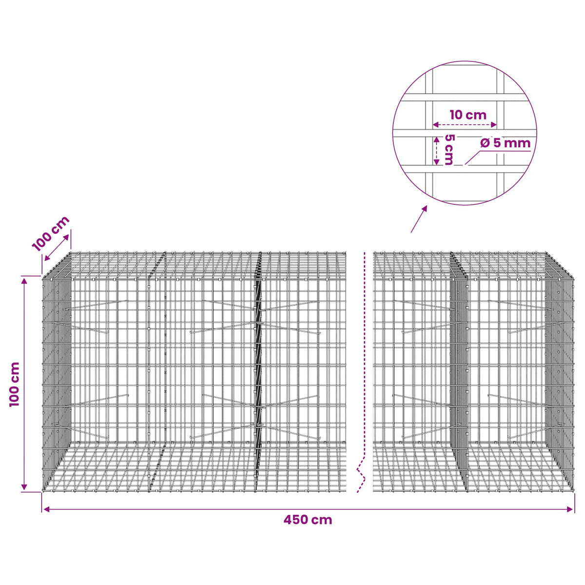 Γκαμπιόν με σύρμα 5 mm και πλέγμα 5x10 cm 450x100x100 εκ