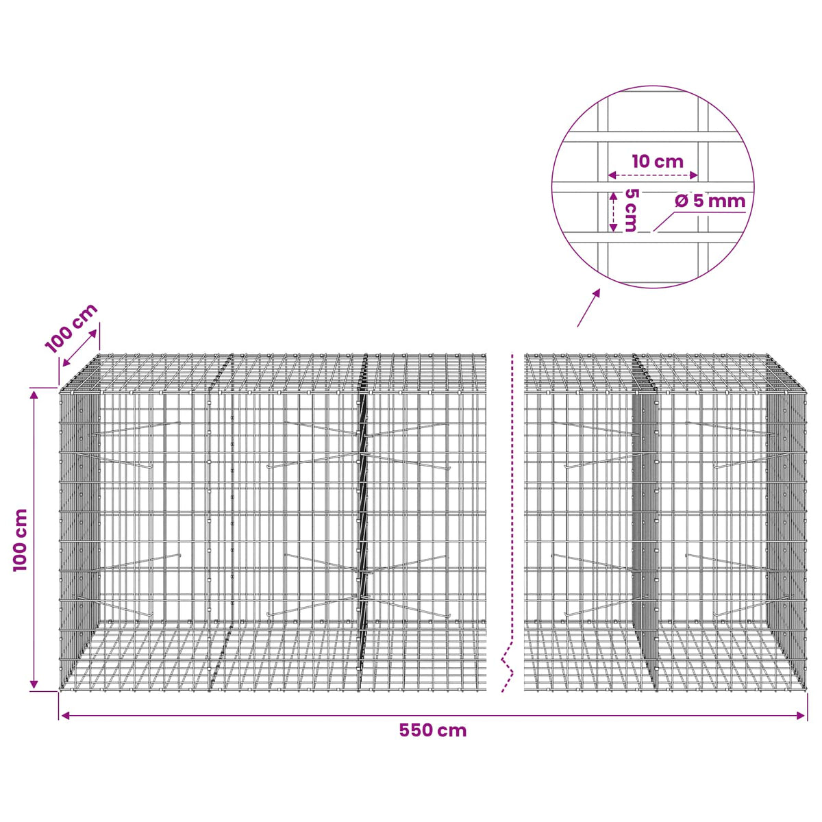 Γκαμπιόν με σύρμα 5 mm και πλέγμα 5x10 cm 550x100x100 εκ - Pakobazaar