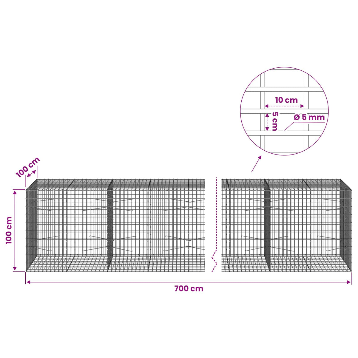 Γκαμπιόν με σύρμα 5 mm και πλέγμα 5x10 cm 700x100x100 εκ.