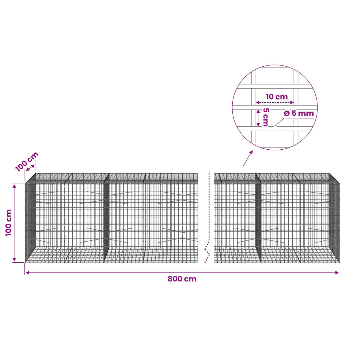 Γκαμπιόν με σύρμα 5 mm και πλέγμα 5x10 cm 800x100x100 εκ. - Pakobazaar