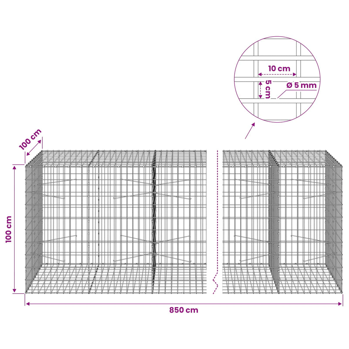 Γκαμπιόν με σύρμα 5 mm και πλέγμα 5x10 cm 850x100x100 εκ - Pakobazaar