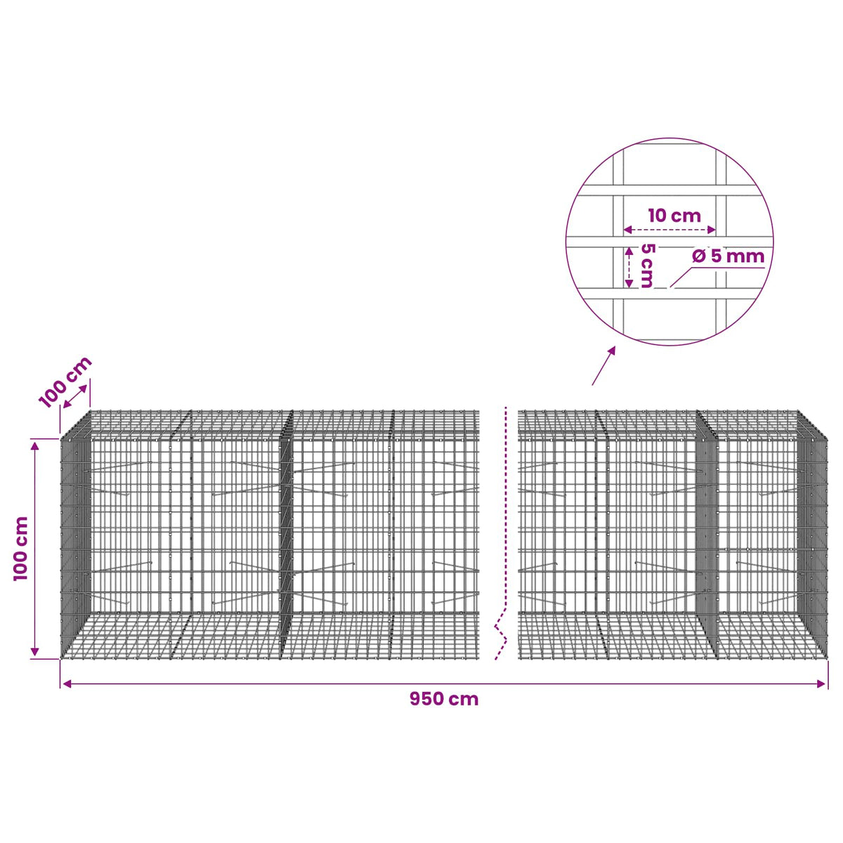 Γκαμπιόν με σύρμα 5 mm και πλέγμα 5x10 cm 950x100x100 εκ - Pakobazaar