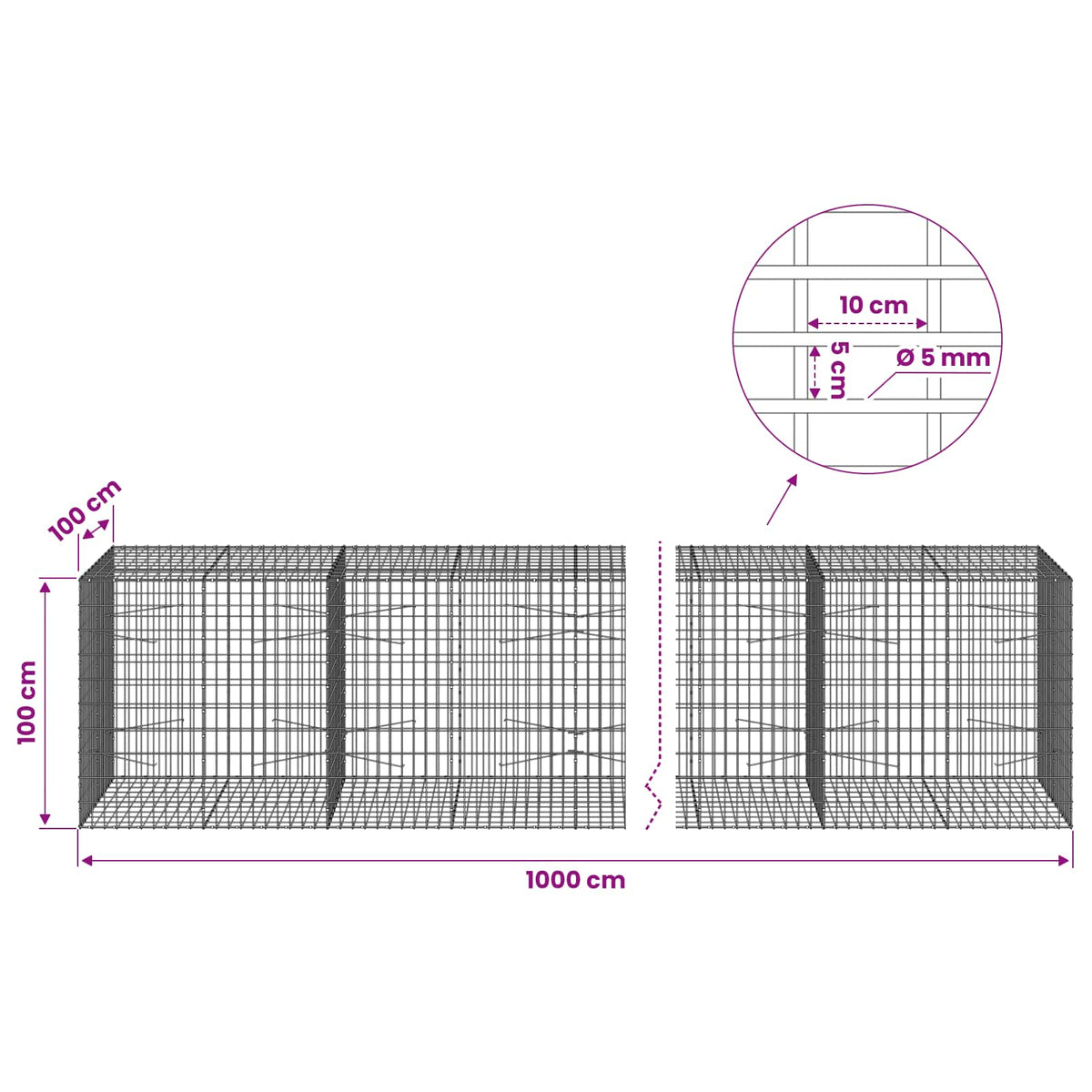 Γκαμπιόν με σύρμα 5 mm και πλέγμα 5x10 cm 1000x100x100 εκ. - Pakobazaar