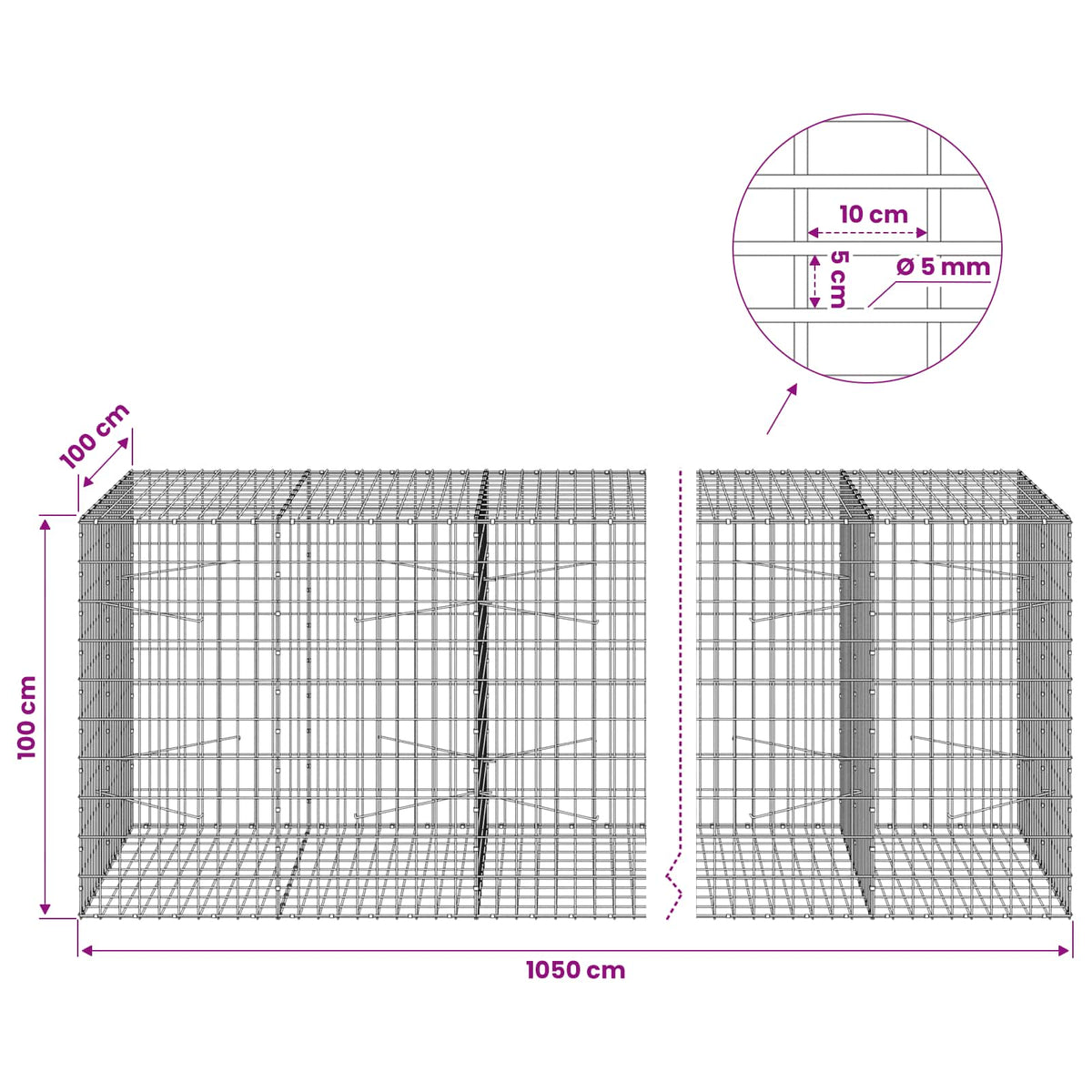 Γκαμπιόν με σύρμα 5 mm και πλέγμα 5x10 cm 1050x100x100 εκ - Pakobazaar