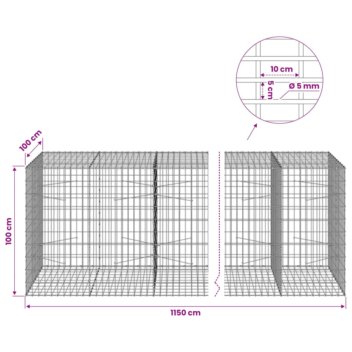Γκαμπιόν με σύρμα 5 mm και πλέγμα 5x10 cm 1150x100x100 εκ. - Pakobazaar