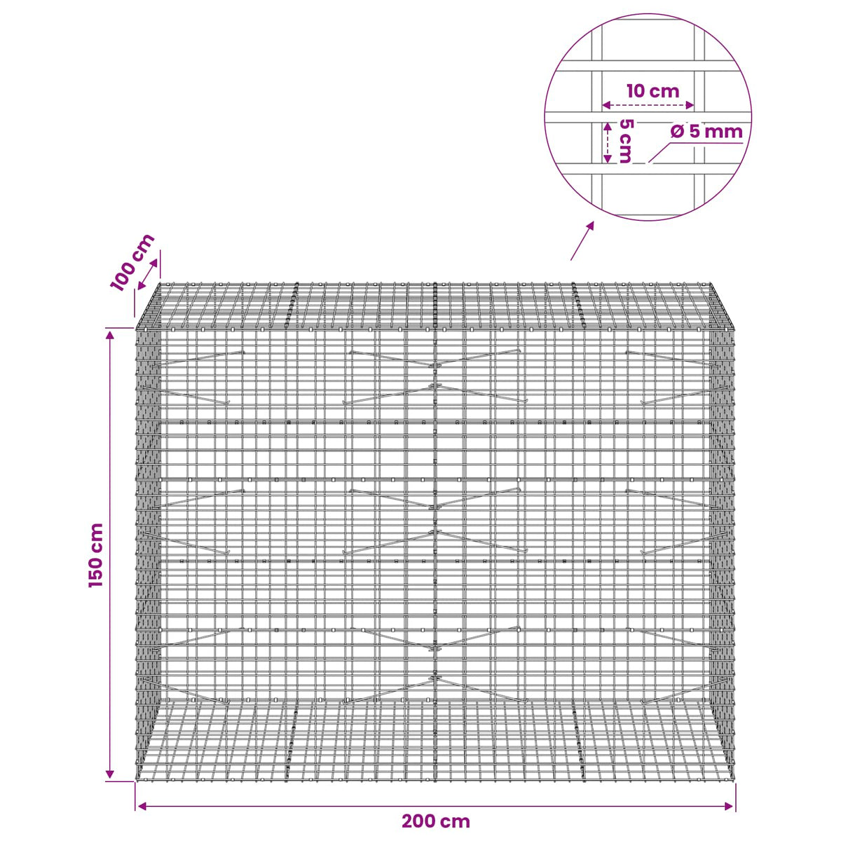 Γκαμπιόν με σύρμα 5 mm και πλέγμα 5x10 cm 200x100x150 εκ.