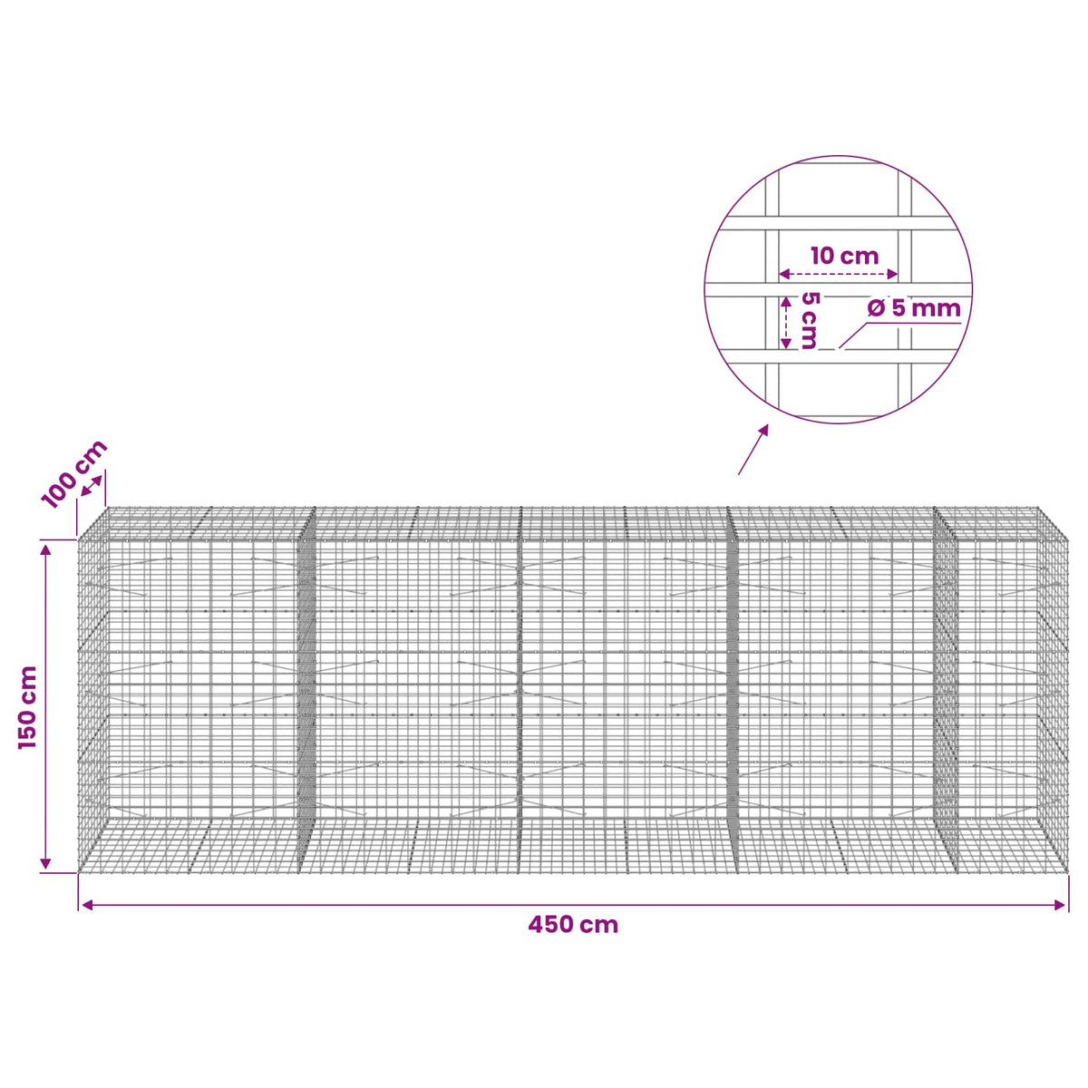 Γκαμπιόν με σύρμα 5 mm και πλέγμα 5x10 cm 450x100x150 εκ. - Pakobazaar