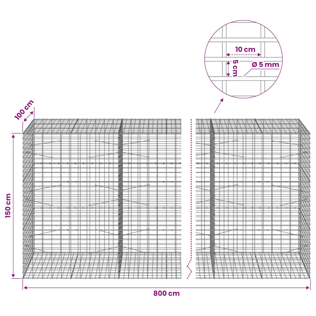 Γκαμπιόν με σύρμα 5 mm και πλέγμα 5x10 cm 800x100x150 εκ.