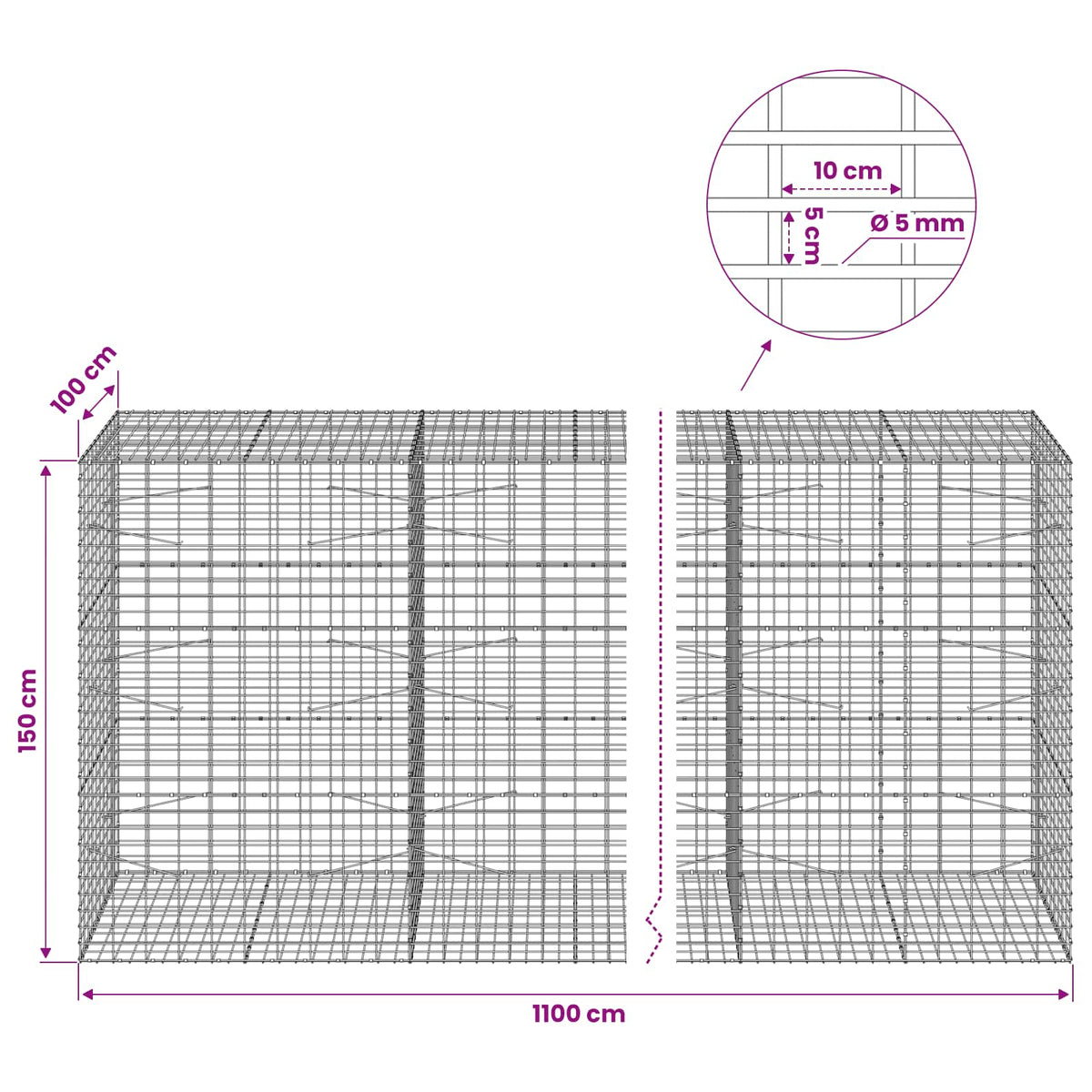 Γκαμπιόν με σύρμα 5 mm και πλέγμα 5x10 cm 1100x100x150 εκ. - Pakobazaar