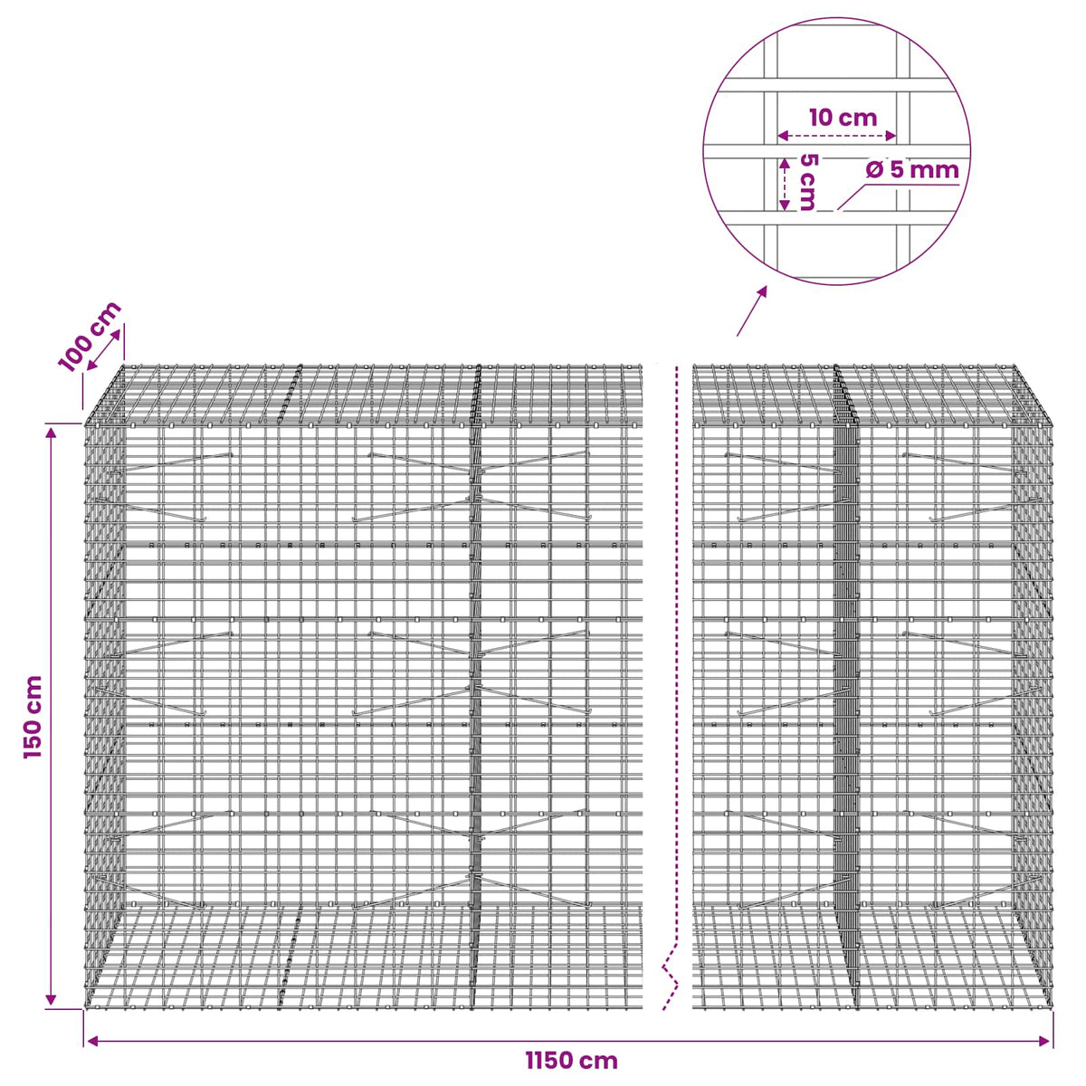 Γκαμπιόν με σύρμα 5 mm και πλέγμα 5x10 cm 1150x100x150 εκ.