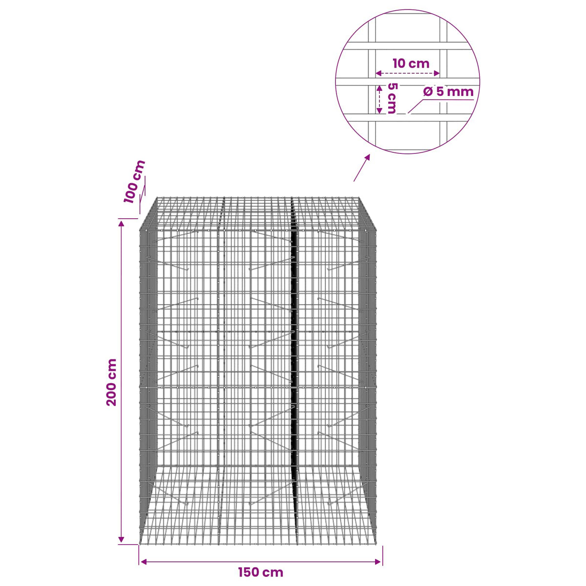 Γκαμπιόν με σύρμα 5 mm και πλέγμα 5x10 cm 150x100x200 εκ.