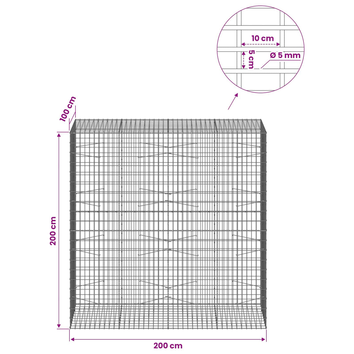 Γκαμπιόν με σύρμα 5 mm και πλέγμα 5x10 cm 200x100x200 εκ - Pakobazaar
