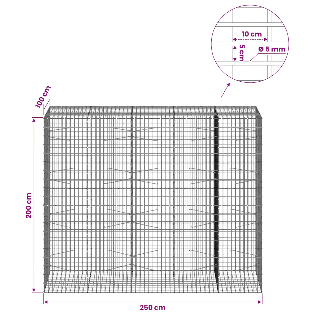 Γκαμπιόν με σύρμα 5 mm και πλέγμα 5x10 cm 250x100x200 εκ.