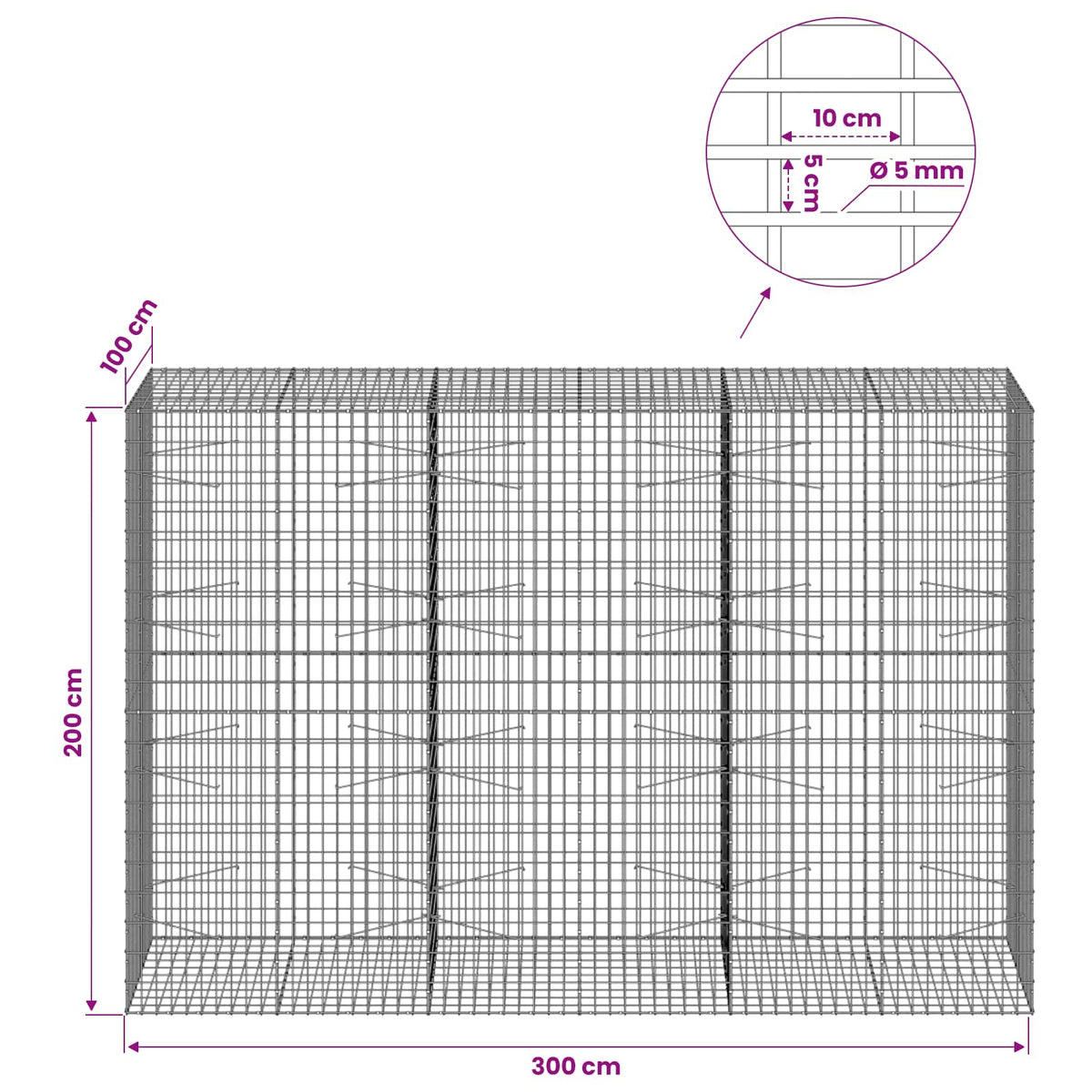 Γκαμπιόν με σύρμα 5 mm και πλέγμα 5x10 cm 300x100x200 εκ - Pakobazaar